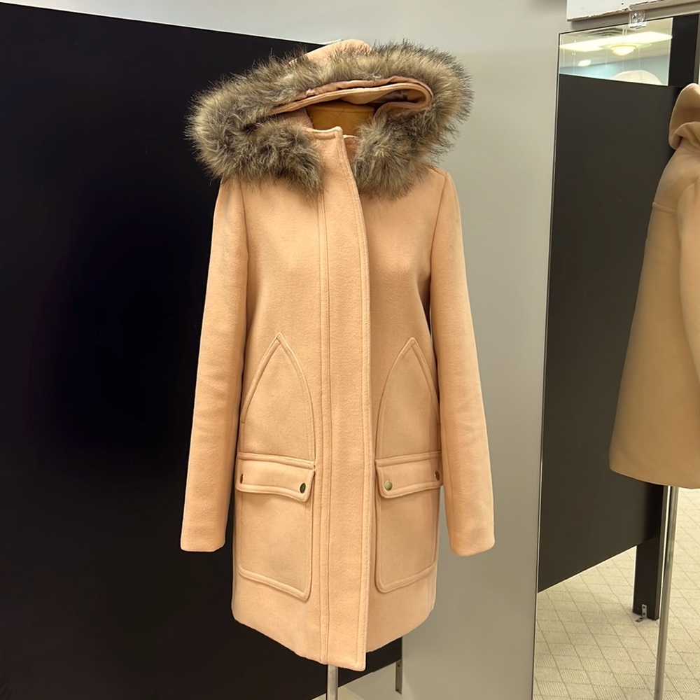 LIKE NEW-  J. Crew Wool Coat with Fur Trim Hood